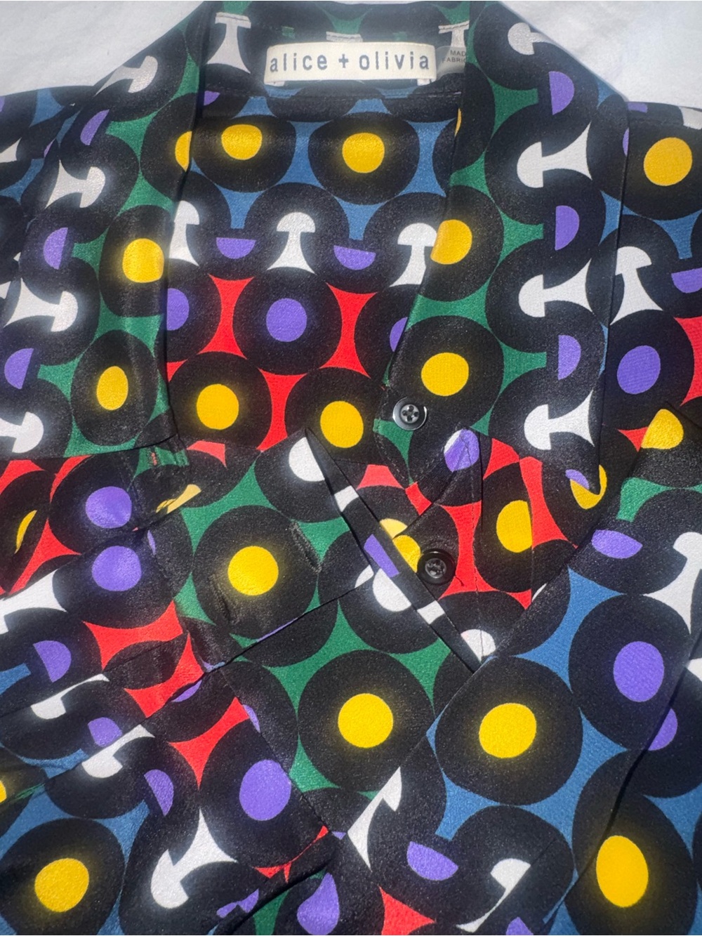 Alice + Olivia Black Multicolor Mushroom Button-Down Silk Shirt -S - Picture 3 of 4